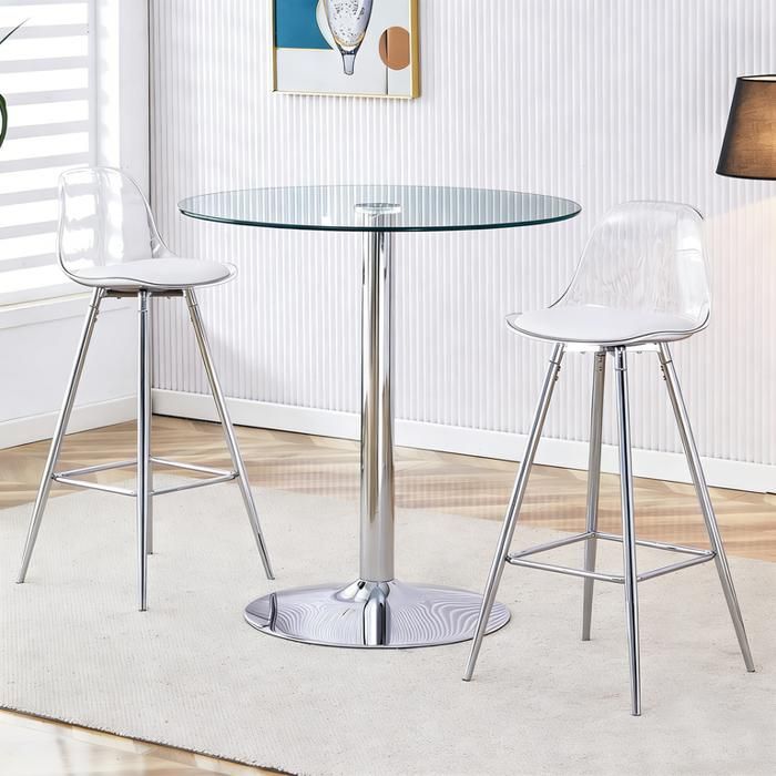 Ensemble table et chaises salle a manger table en verre de 89 cm + 2 tabourets à pieds blancs réglables en hauteur et pivotants