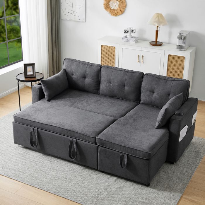 Canapé-lit dangle en L - KOMHTOM - Convertible 3 places - Réversible - Coffre de rangement - Gris Canapé-lit dangle en L - KOMHTOM - Convertible 3 places - Réversible - Coffre de rangement - Gris
