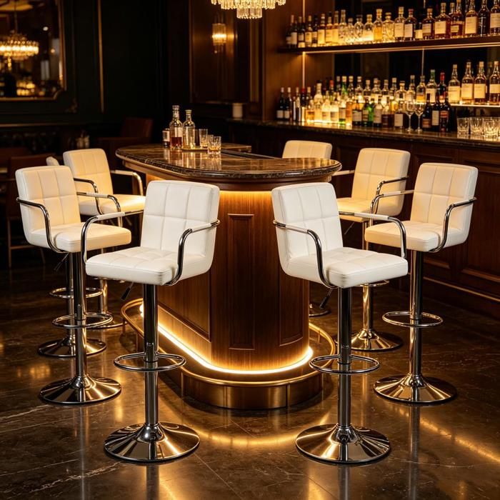 SUPFINE Lot de 6 Tabourets de Bar Scandinave en PU Réglables en Hauteur Chaises avec Accoudoirs Dossier Ergonomique