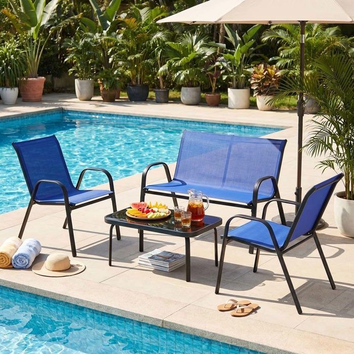 Ensemble de jardin 4 pièces - Canapé 2 places & 2 fauteuils + table - Structure métallique - Plateau verre trempé - Bleu