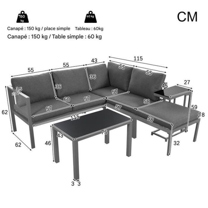 Salon de jardin 5 pièces avec protection anti‑corrosion aluminium coussins 9 cm finition gris élégante