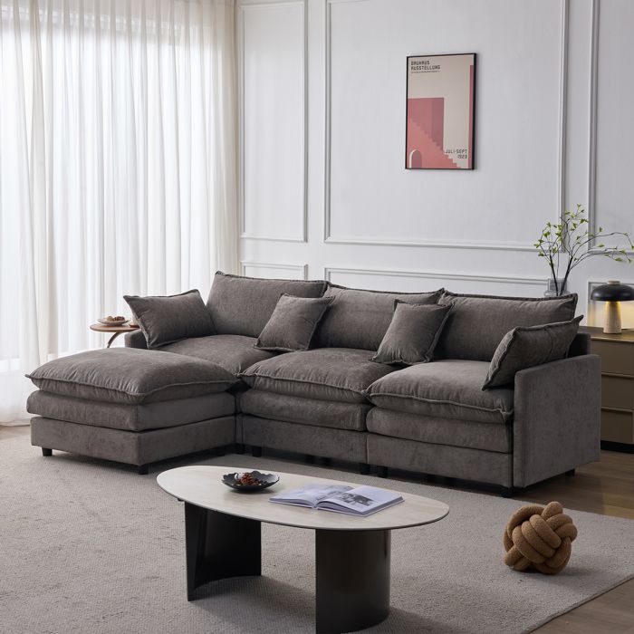 Canapé dangle modulaire - Gris - Chenille - 267x154x85 cm - 3 places + pouf - Design modulaire