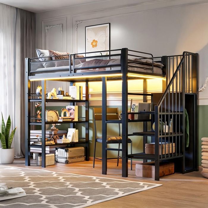 Lit superposé en métal noir 90x200 cm avec éclairage LED rangements bureau et armoire intégrés