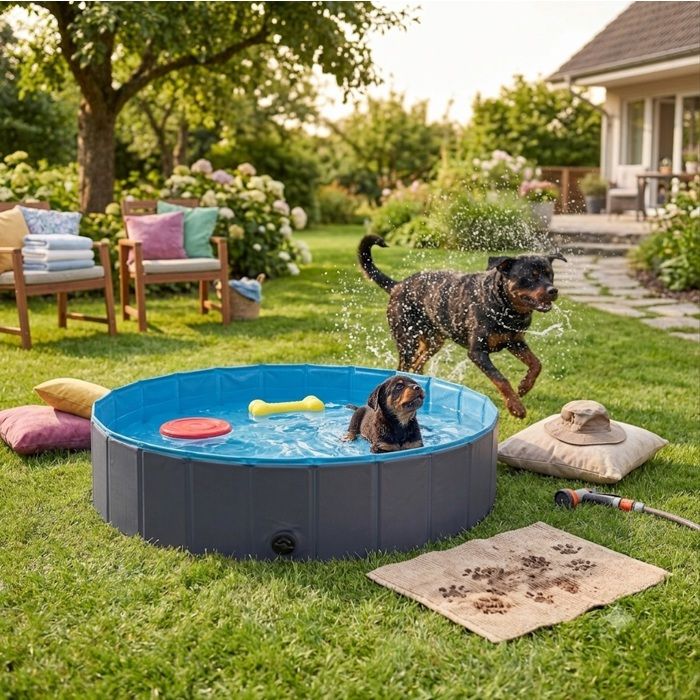 Piscine pliable pour chien - EDEN - Splash Ronde - L 30 x 160 cm - Bleu et gris - Antidérapante