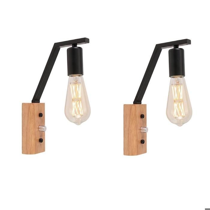 ElektraH 2pcs Applique Murale Industriel Noir E27 Lampe Murale Vintage en Bois Métal avec Interrupteur Luminaire Murale Retro Noir ElektraH 2pcs Applique Murale Industriel Noir E27 Lampe Murale Vintage en Bois Métal avec Interrupteur Luminaire Murale Retro Noir