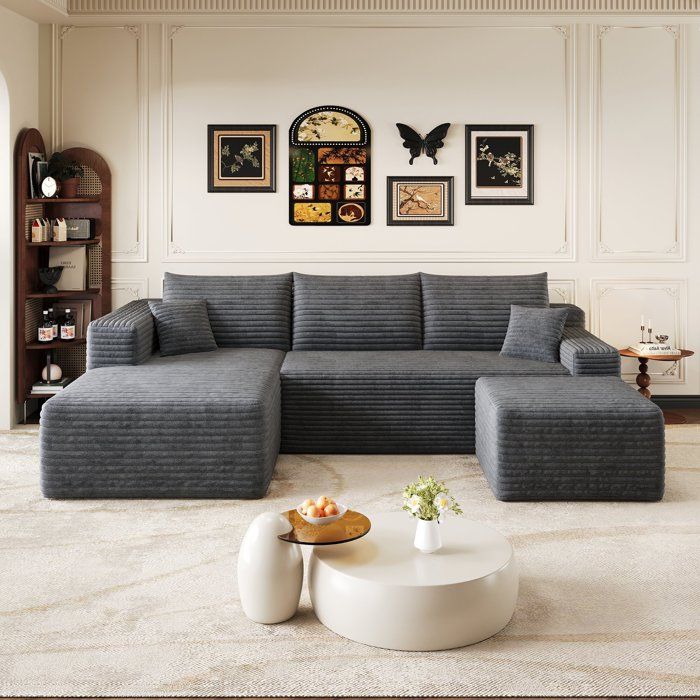 Canapé dangle gauche en U Canapé modulable Canapé compressé 3 places Canapé nuage en velours côtelé avec pouf gris