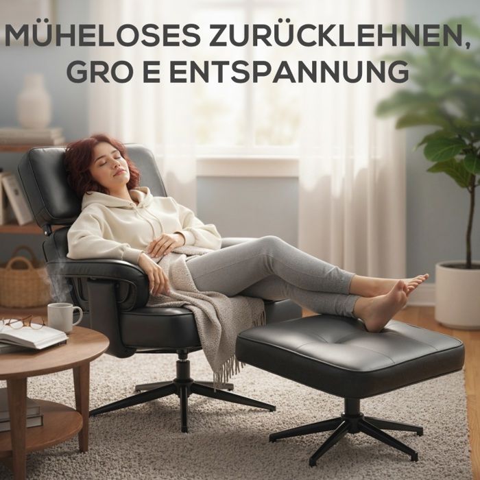 Fauteuil de relaxation avec repose-pieds simili cuir noir appui-tête réglable base métal