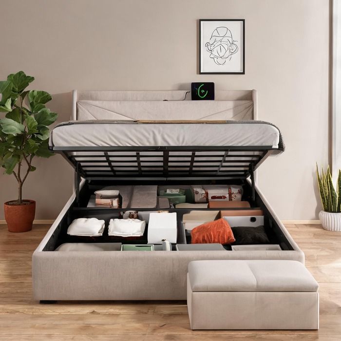 Lit double 160x200 cm avec coffre et ports USB-C tête de lit géométrique en lin beige-toné