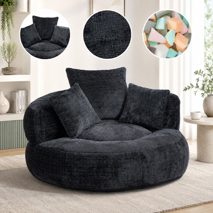 Pouf Poire 2 Places en Chenille 108×108×52 cm avec Trois Coussins - Confortable Canapé Lazy Noir