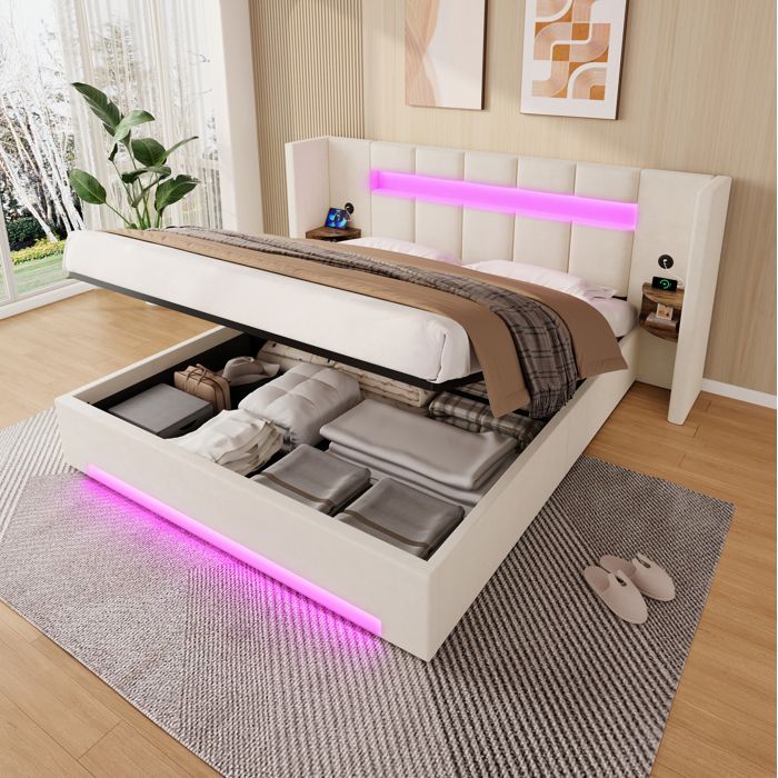 Lit coffre 160x200 en velours beige avec USB intégrés LED tête de lit large et rangement hydraulique ORVRYN