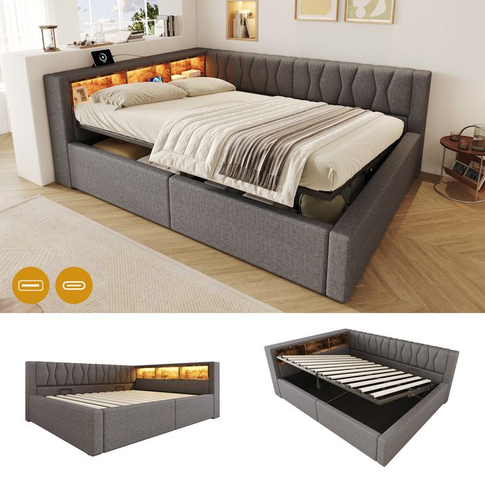 Lit superposé 140x200 cm lit enfant couchage dappoint rangement hydraulique étagères LED port USB lin gris