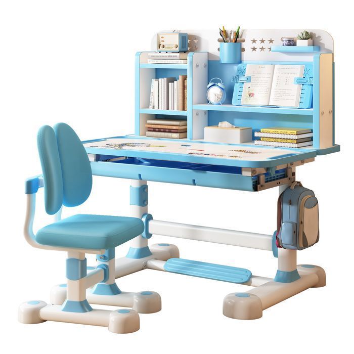 Ensemble bureau chaise enfant bleu 117×110×50cm réglable hauteur tiroirs rangement double dossier ergonomique stable