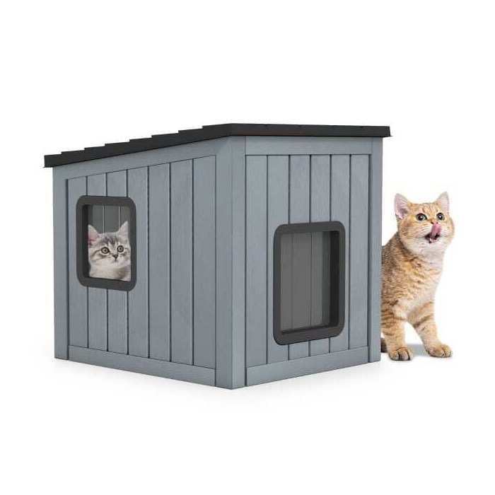 2 portes PVC niche pour chat en plastique abri intérieur extérieur toit incliné résistante à leau