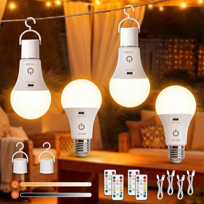 Ampoule LED rechargeable E27 - lot de 4 avec télécommande 3 températures de couleur dimmable USB-C et crochet