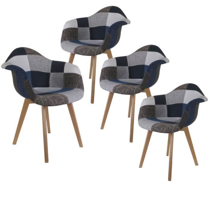 fauteuil scandinave altobuy - lot de 4 fauteuils patchwork bleu et gris - hêtre massif - assise 48,5 cm