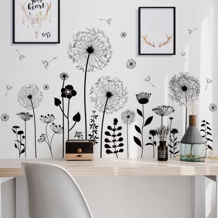 Stickers Muraux Fleurs Minimalistes Noirs Et Blancs - Autocollants Déco Moderne Amovibles 168x88 Cm
