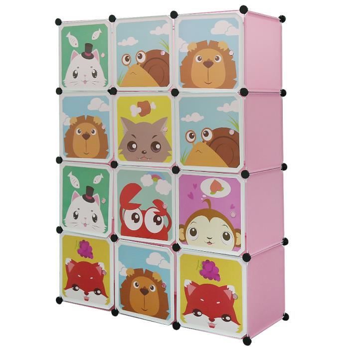 fan armoire enfant avec motifs d'animaux en plastique à 12 compartiments avec 2 tige suspendue pour chambre rose