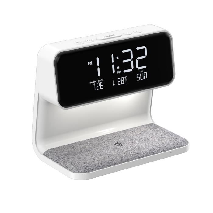 Lampe de chevet - UE blanche - 3 en 1 - Chargement sans fil - Écran LCD - Réveil intégré