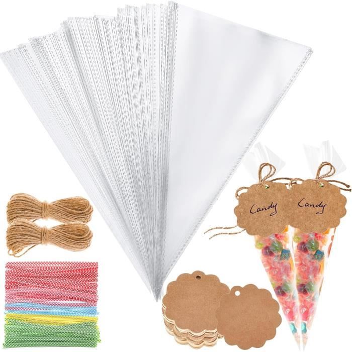100 Sachets Transparents Pour Bonbons 25x13 Cm – Avec étiquettes Kraft, Liens Colorés Et Corde De Jute - 3