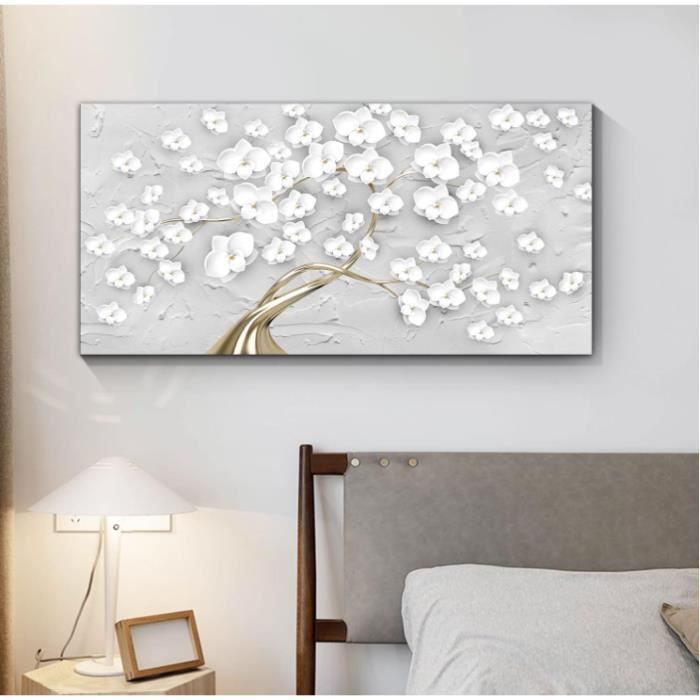 Tableau Déco 50x100 Cm - Mer Bleue Et Fleurs - Toile Texturée - Sans Cadre