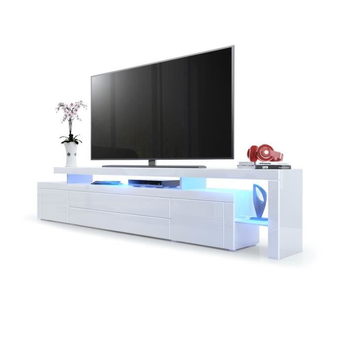 vladon meuble tv bas leon v3 en blanc haute brillance - façades en blanc haute brillance avec une bordure en blanc haute brillance