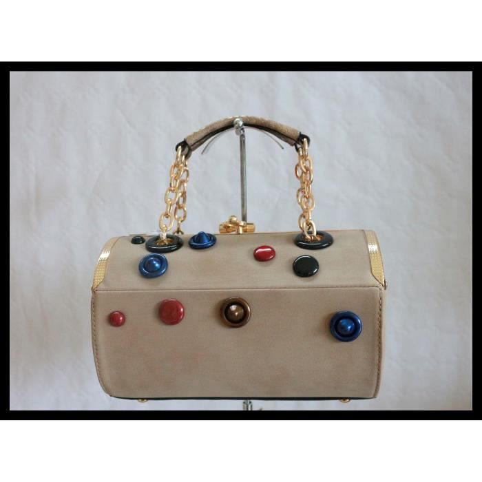 Sac a main ultra chic rond camel chaine bouton soiree original