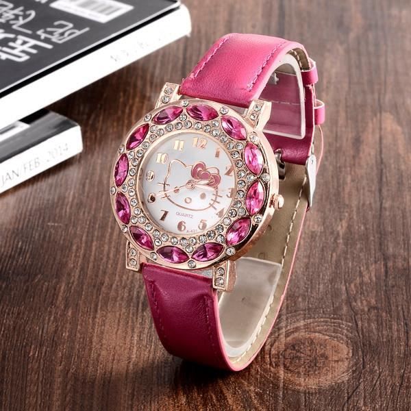Montre Femme Chat Mignon - Bracelet Cuir - Quartz Étanche - Cadeau Idéal Pour Filles Et Dames