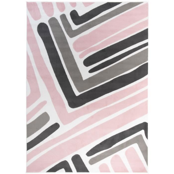 Tapiso Pinky Tapis Chambre Enfant Moderne Geometrique Rayures Rose Blanc Gris Noir Fin 180 X 250 Cm Cdiscount Maison