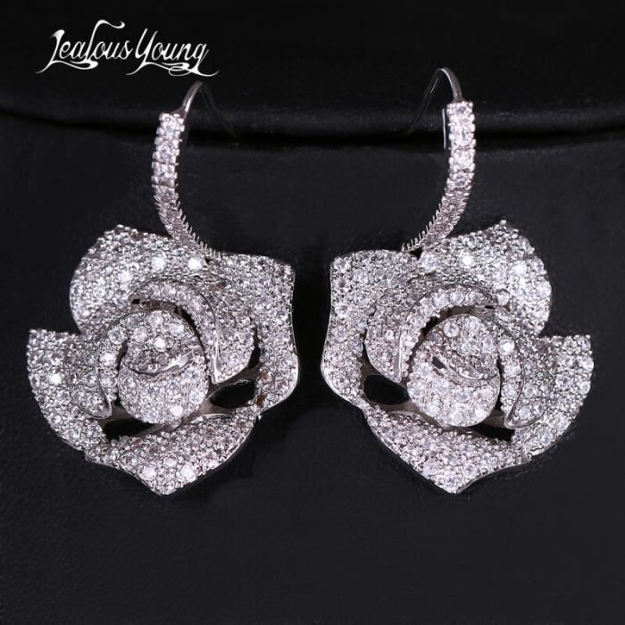 Boucles oreilles pendantes de couleur argent avec pierre de zircone pour  femmes, bijoux de luxe, grande fleur, DY22776680