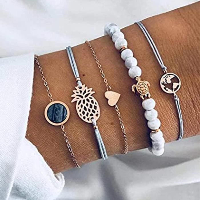 Branets Lot De 5 Bracelets Bohemien Cœur Avec Map Et Turquo Et L Ananas Bracelet Fait A La Main Chaine De Main Pour Femmes E A350 Achat Vente Bracelet Gourmette