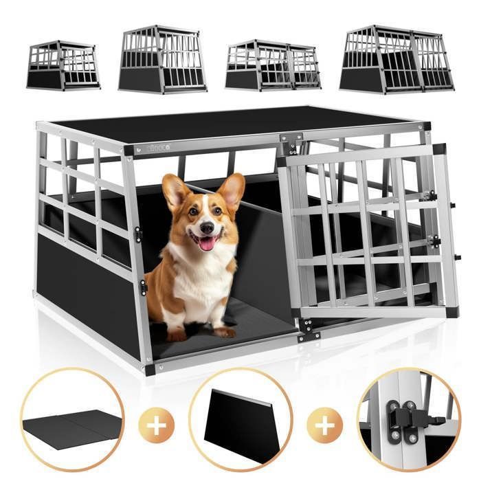 Meilleurs prix pour Cage de Transport pour Animaux domestiques 89x70x51 cm Aluminium MDF 2 Portes Noir Argent Caisse Chien Chat Rongeur boîte Box