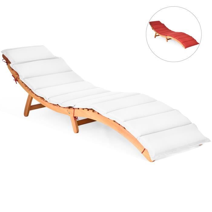 costway chaise longue pliante en bois massif - coussin rembourré à double face et appui-tête pliable - bain de soleil - 180 kg