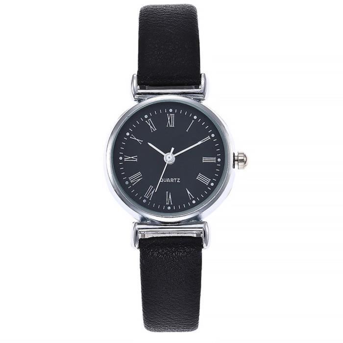 Montre Bracelet Femme Noir PU - Cadran Chiffres Romains Et Arabes - Quartz - Cadeau Anniversaire