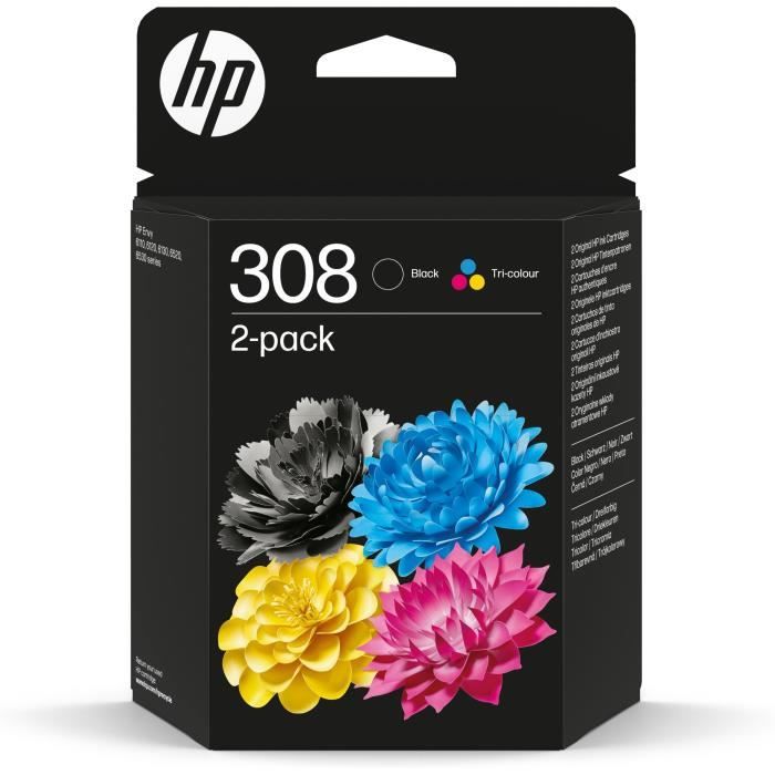 Pack de 2 cartouches d’encre HP 308 authentiques noire et tricolore (6L6S6UE) pour HP Envy 6110 6120 6130 6520 6530