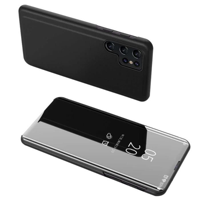 Housse pour Samsung Galaxy S24 Ultra 5G - etui coque portefeuille clear view miroir + verre trempe - NOIR