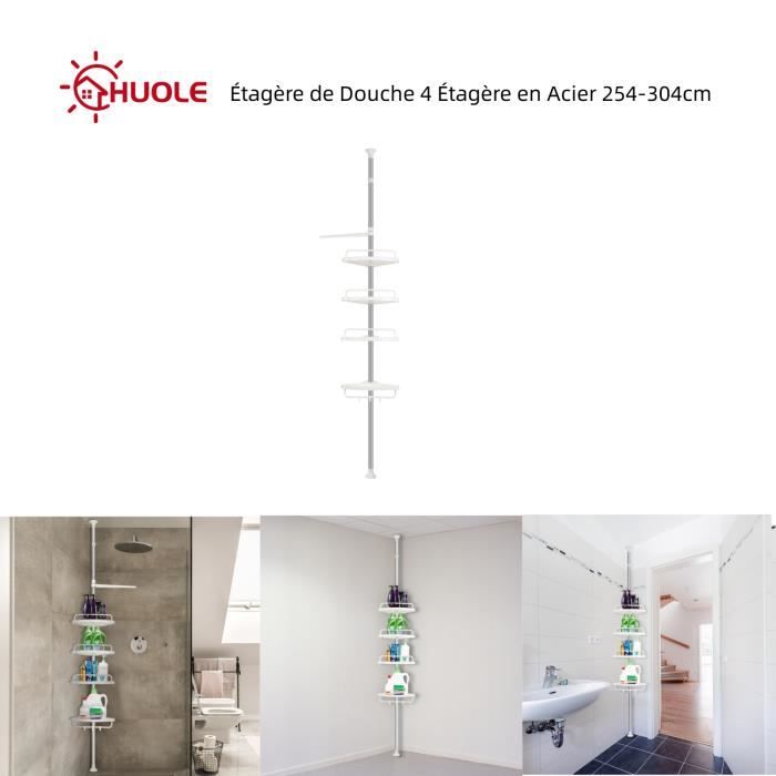 Étagère Douche Téléscopique 5 Paniers Acier Inoxydable - Rangement Salle De Bain Réglable Sans Perçage 60-308cm Pour Baignoire Et Cuisine