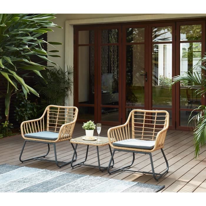 Salon De Jardin En Resine Imitation Rotin 2 Personnes Cap Coussin