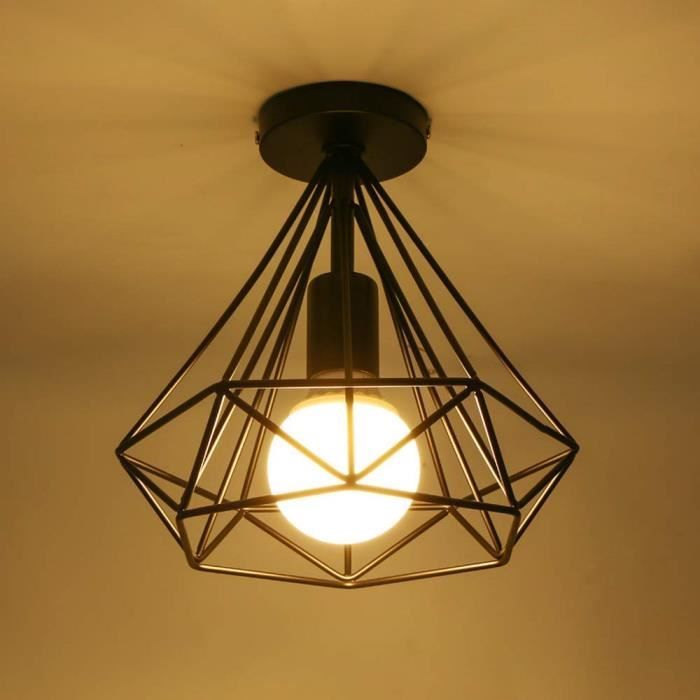 iDEGU Luminaire plafonnier industriel forme diamant 25cm lustre abat-jour E27 pour Salon Cuisine Chambre Entrée Noir