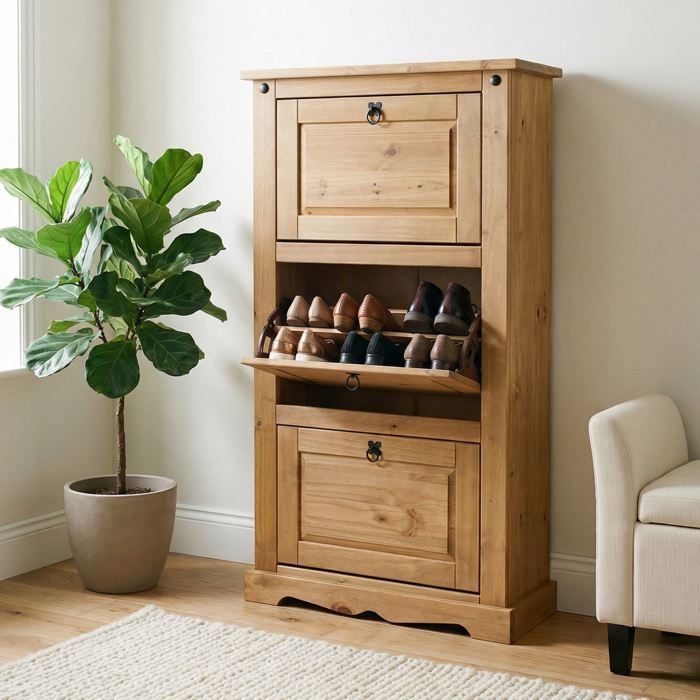 Meuble à chaussures TEQUILA style mexicain armoire à chaussures avec 3 abattants en pin massif finition teintée et cirée Meuble à chaussures TEQUILA style mexicain armoire à chaussures avec 3 abattants en pin massif finition teintée et cirée