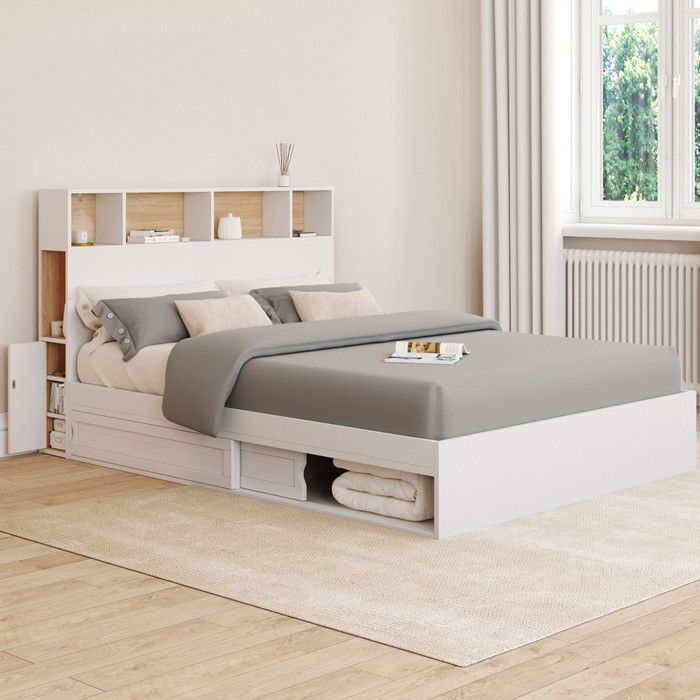 IDMARKET Lit double CLEM avec tête de lit rangements et sommier 140 x 190 cm blanc IDMARKET Lit double CLEM avec tête de lit rangements et sommier 140 x 190 cm blanc