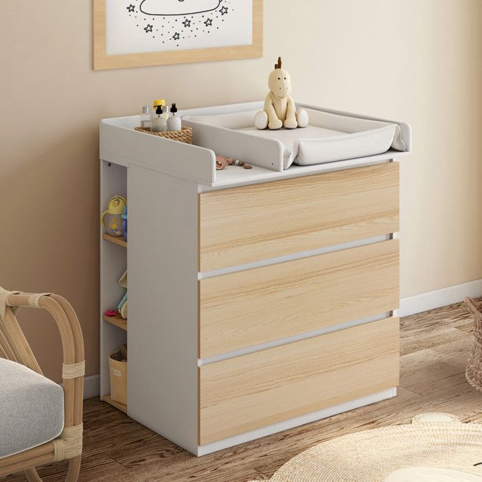 IDMARKET Commode à langer évolutive AMBRE façon hêtre et blanc 3 tiroirs table à langer et 2 étagères amovibles