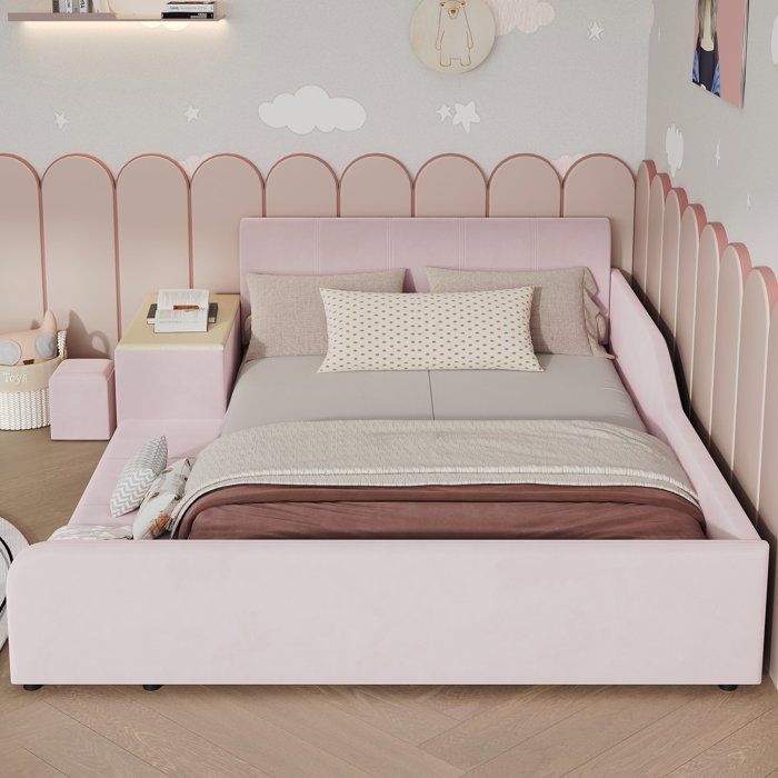 Lit coffre 140x200 velours rose enfant lit barrière de sécurité avec bureau intégré et tabouret sommier coffre spacieux