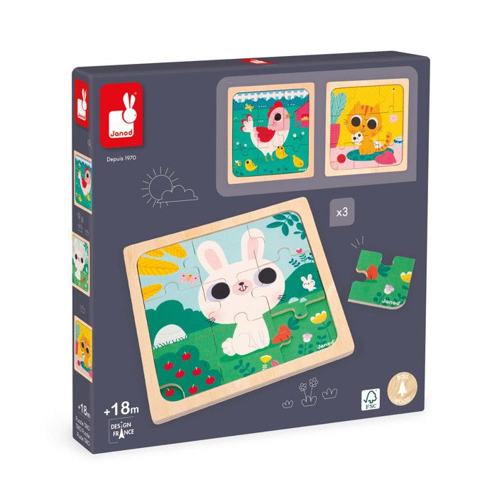 Coffret de 3 puzzles en bois JANOD - Animaux - Bébé - Modèle imprimé - Dès 18  mois - Cdiscount Jeux - Jouets