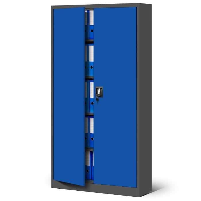 armoire de bureau métallique c001 verrouillable 4 étagères revêtement en poudre 185 cm x 90 cm x 40 cm anthracite-bleu