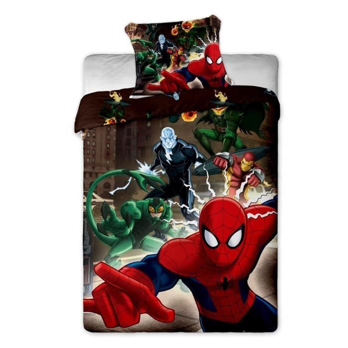 Parure Housse de Couette Spiderman en Coton, Parure de lit Réversible 140x200 cm, Taie d'oreiller 65x65 cm, 100% Coton (Parure Spiderman-b