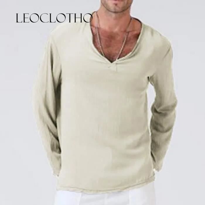 LEOCLOTHO-T Shirt Homme Lin baggy T-shirt Col V T-shirt uni T-shirt Léger  et respirant Tee Shirt Hommes mode Casual