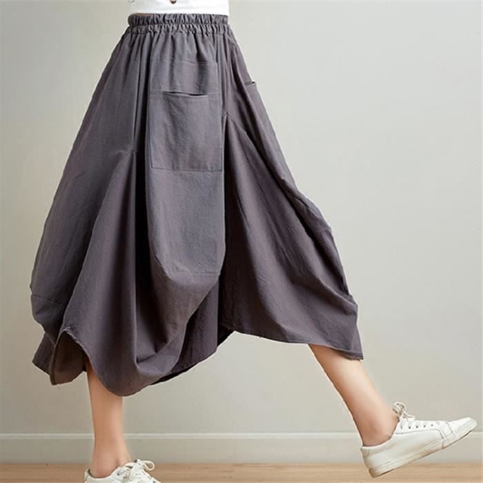 Jupe,Jupe Vintage taille haute en lin et coton pour femmes, jupe longue d?�contract?�e, ?�lastique 