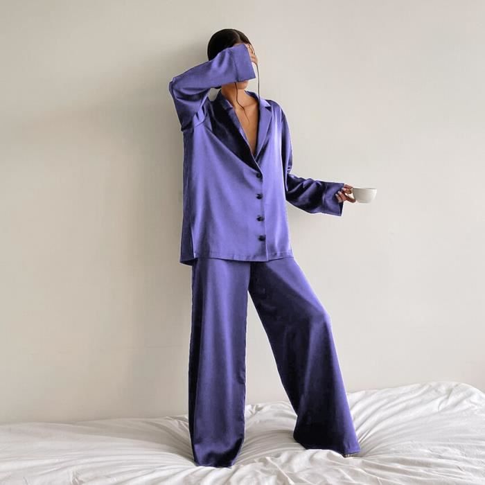 Pyjama en Satin et soie pour femme vetement de nuit surdimensionne coupe basse Sexy boutonnage simple manches longues. Violet Violet Cdiscount Pret a Porter