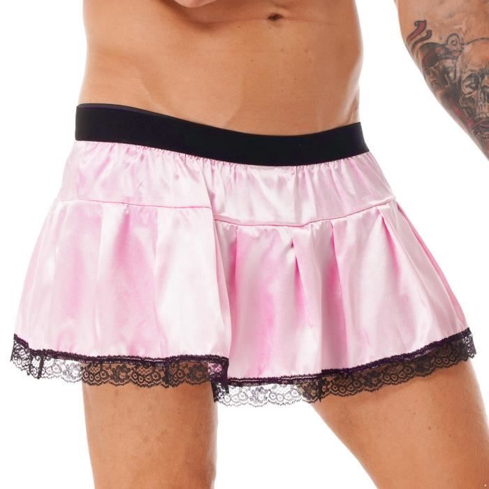 DPois Homme Mini Jupe Courte Jupe a Volants en Satin Sissy Lingerie Vetement de Nuit sous Vetement Dentelle Clubwear M XXL Rose Cdiscount Pret a Porter
