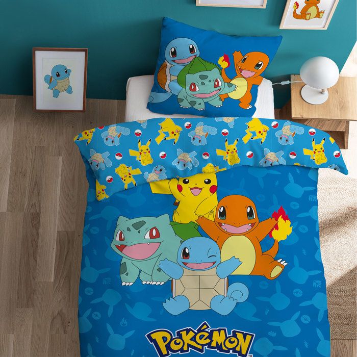 Parure de lit enfant 100% Coton - POKÉMON GOODBYE - Bleu - 140x200+63x63cm